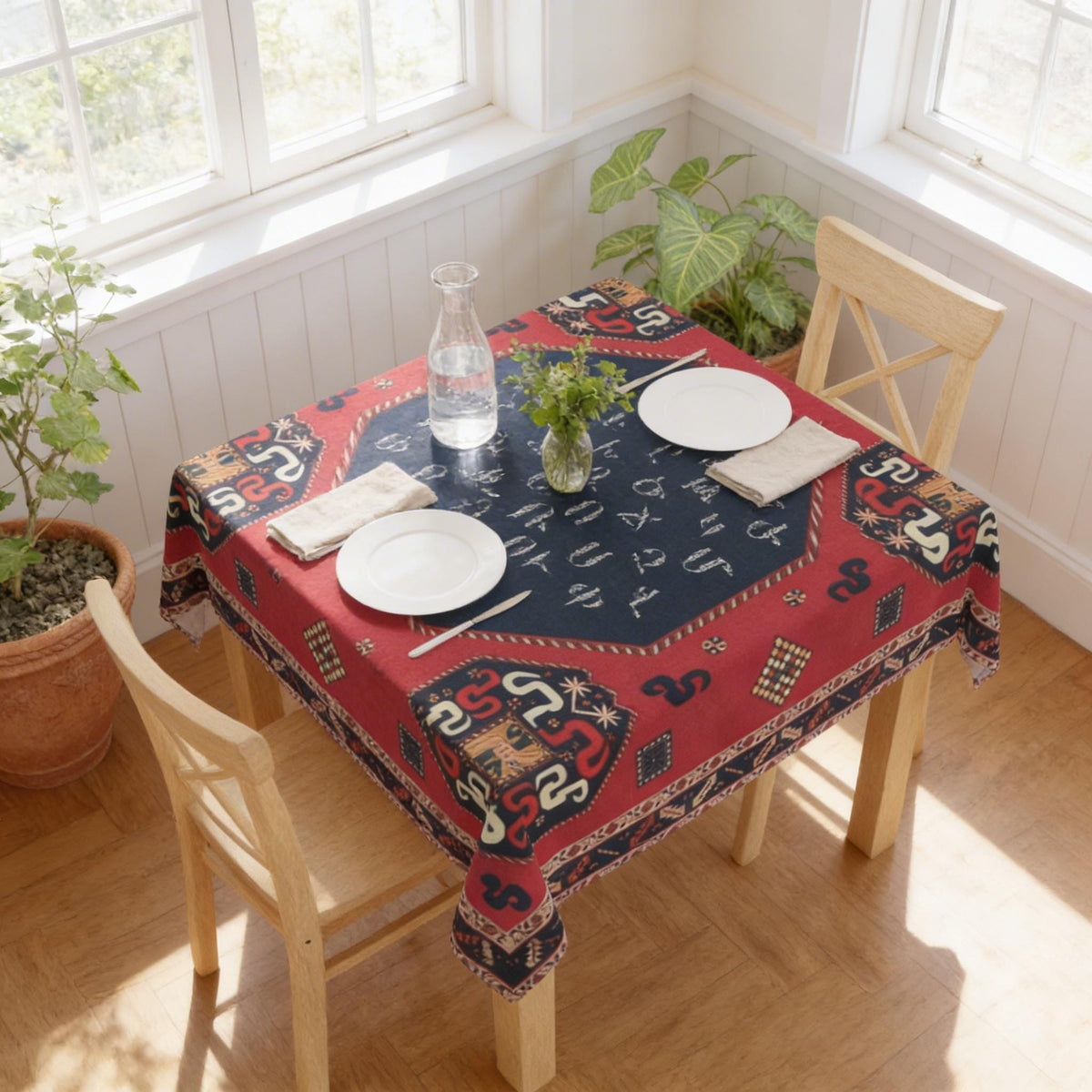 Armenian letters square tablecloth in navy and red on a table set for two with white plates