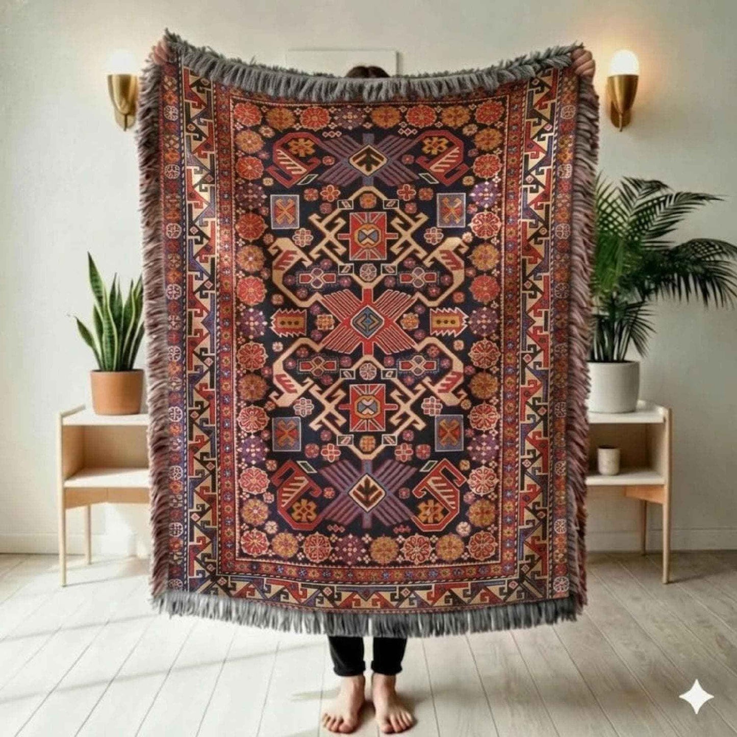 Anatolian Inspired woven blanket with rug-style pattern styled for layered home decor