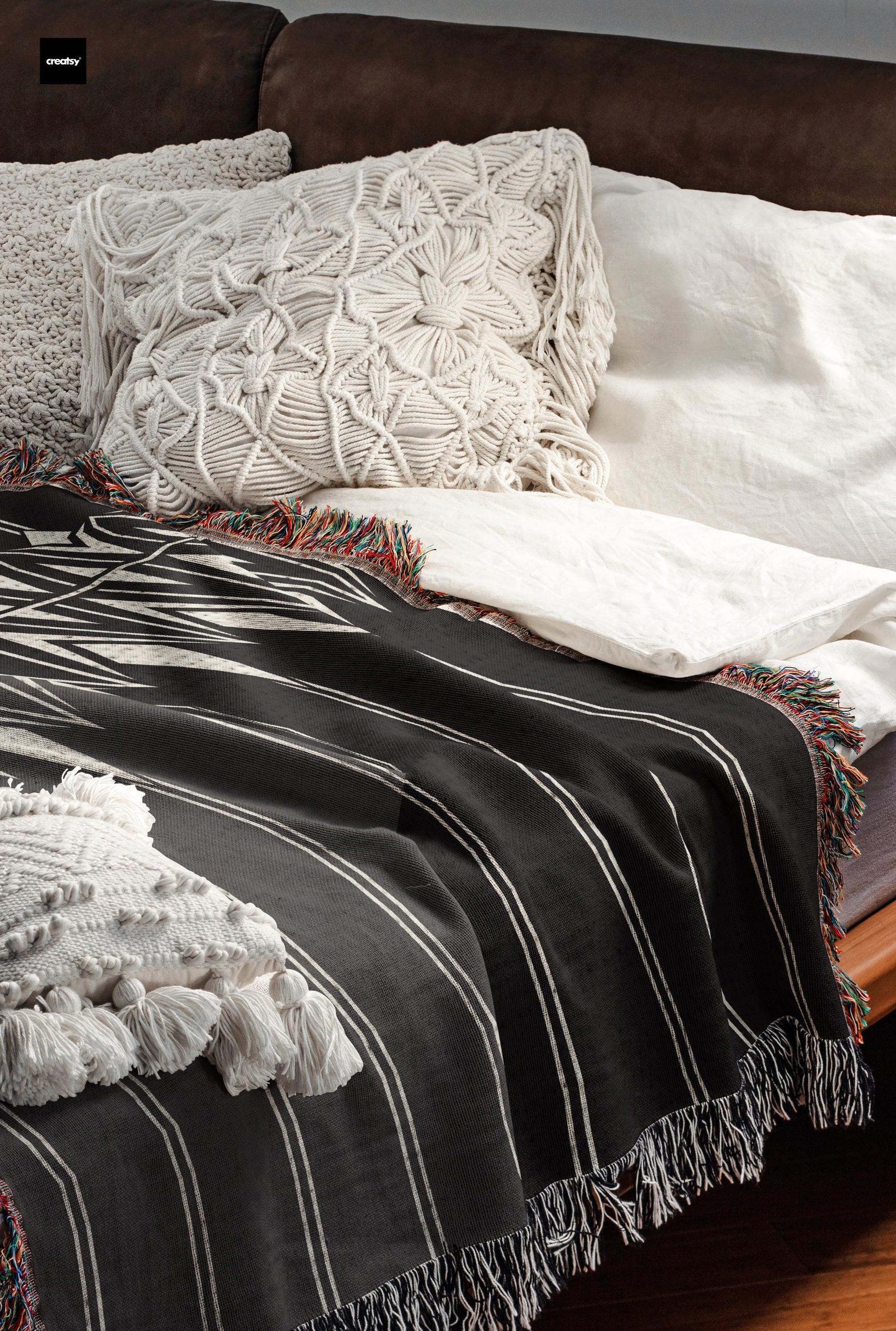 Cotton Bedding Throw - Modern Bedroom Decor | Geometric Bedspread & Boho Chic Woven Coverlet