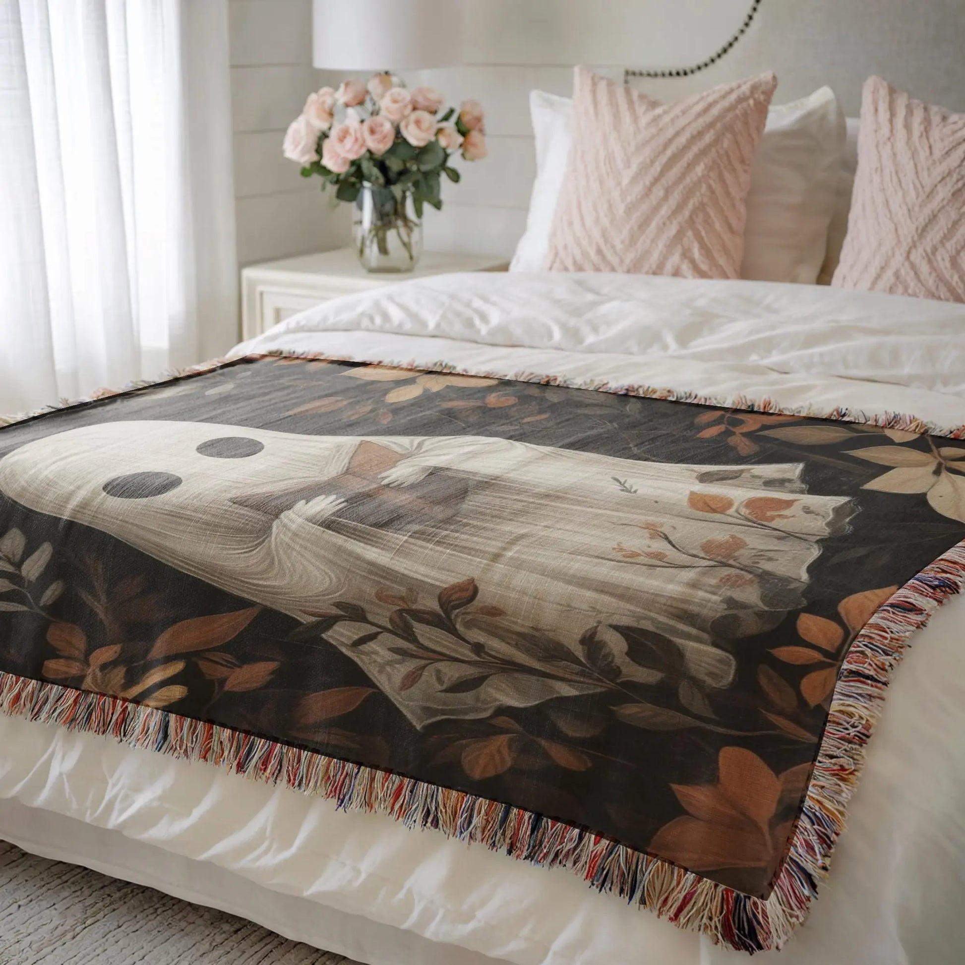 Cute Ghost Blanket – Cozy Fall Throw with Reading Ghost Decor | Cotton Fabric, Fringed Edge