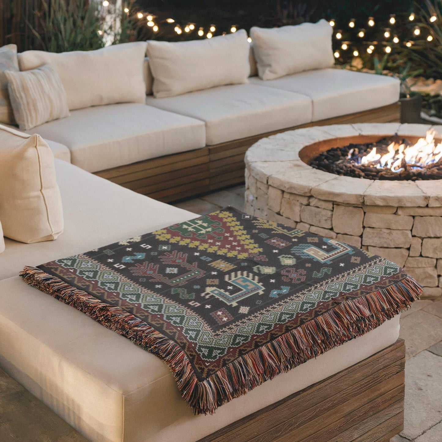 Caucasian Rug Inspired woven wall tapestry with geometric pattern styled as textile wall decor