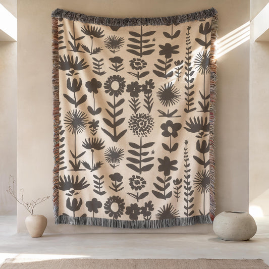Wildflowers Meadow Throw - Cozy Cotton Blanket With Botanical Print & Colorful Fringed Edges