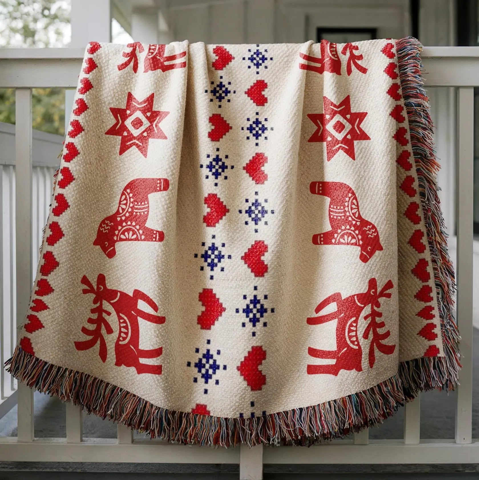 Swedish Woven Blanket - Nordic Throw Blanket With Dala Horse & Reindeer Design