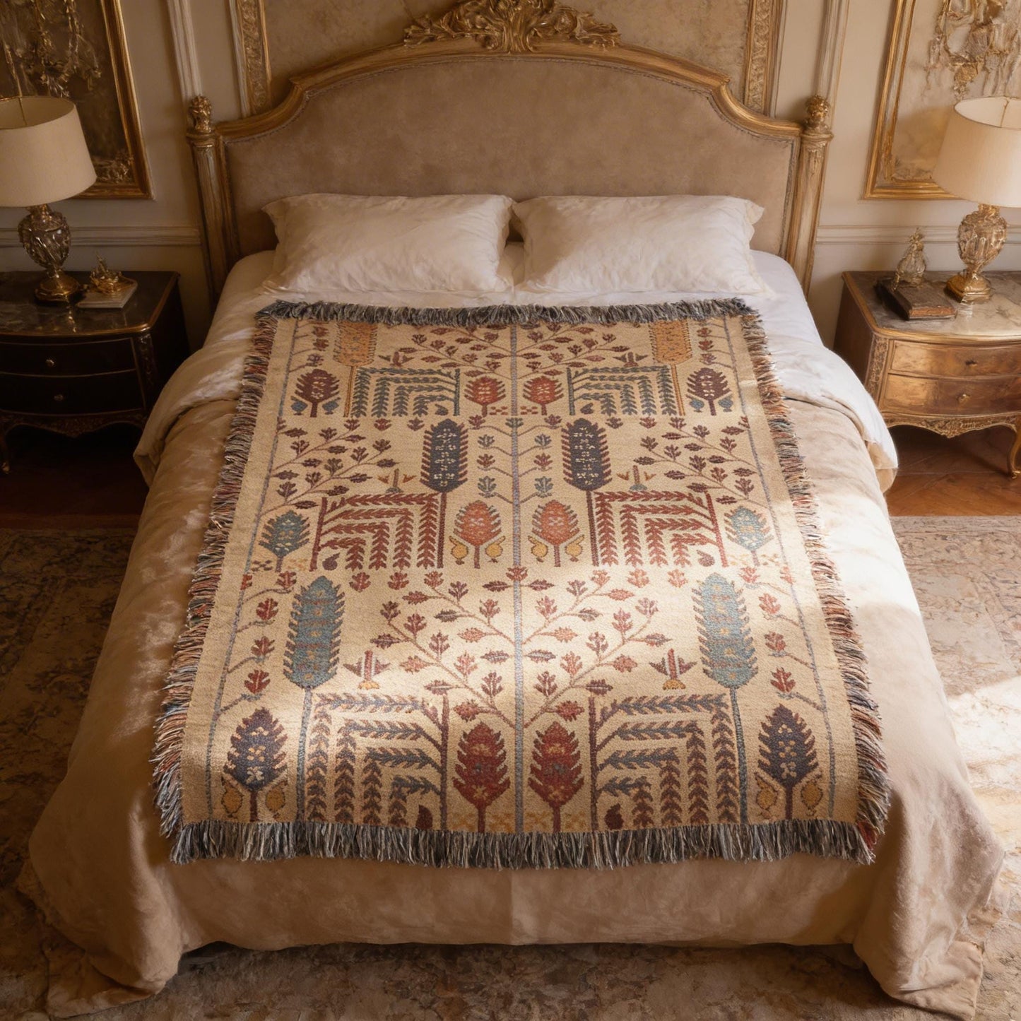 Caucasian Rug Inspired woven wall tapestry with geometric pattern styled as textile wall decor
