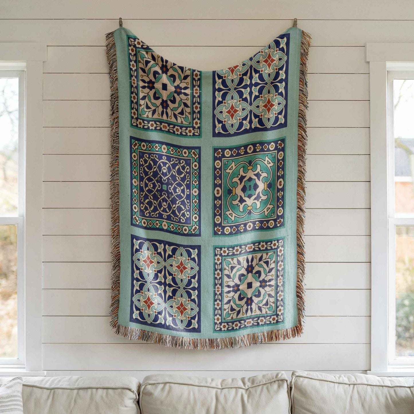 Anatolian Inspired woven wall tapestry with geometric pattern styled as textile wall decor