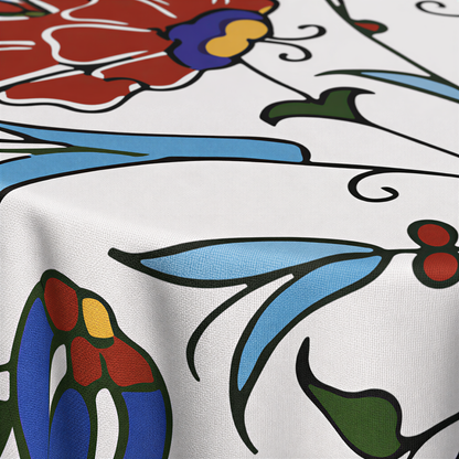 Close view of the painted flowers in red, blue, green and yellow on white
