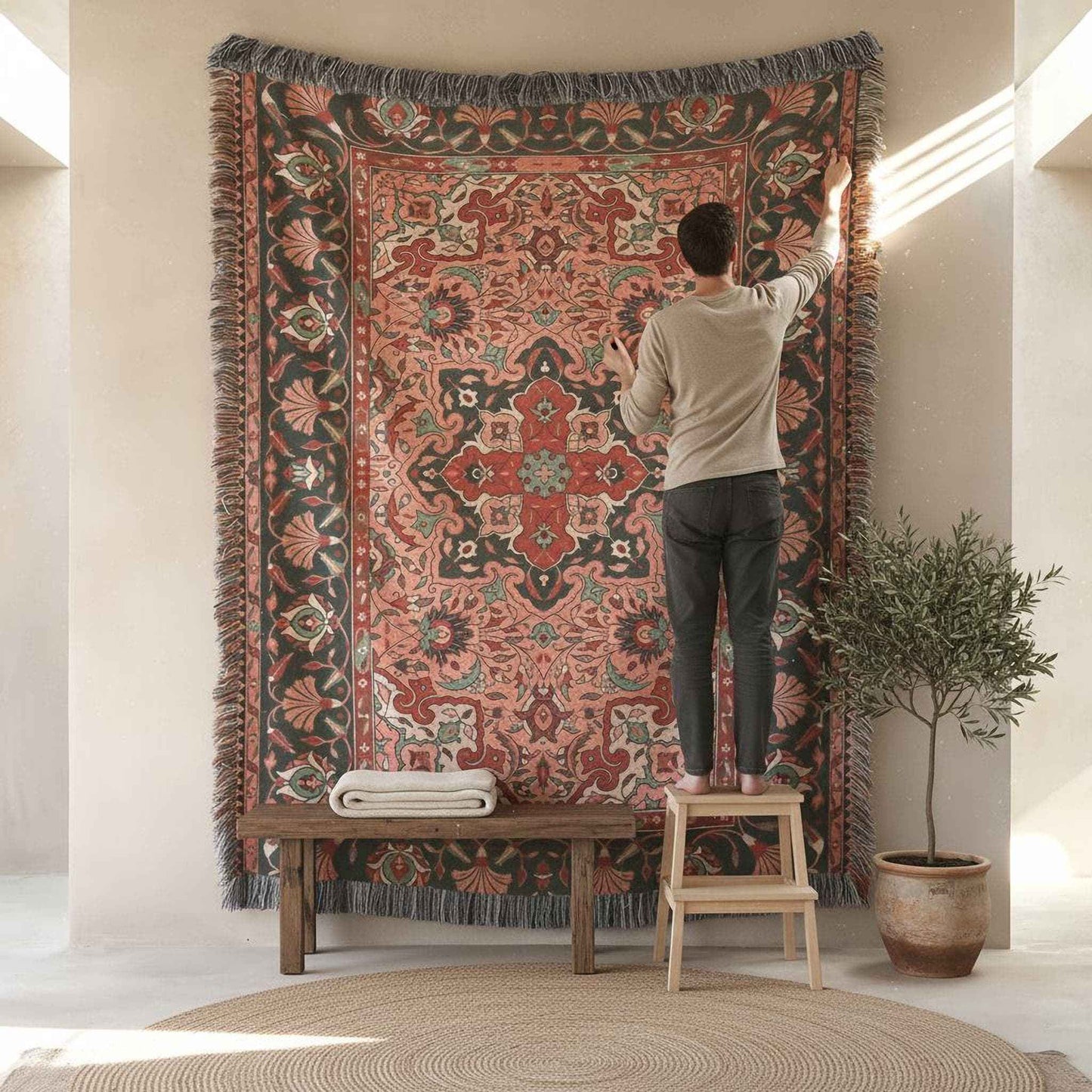 Anatolian Inspired woven wall tapestry with rug-style pattern styled as textile wall decor