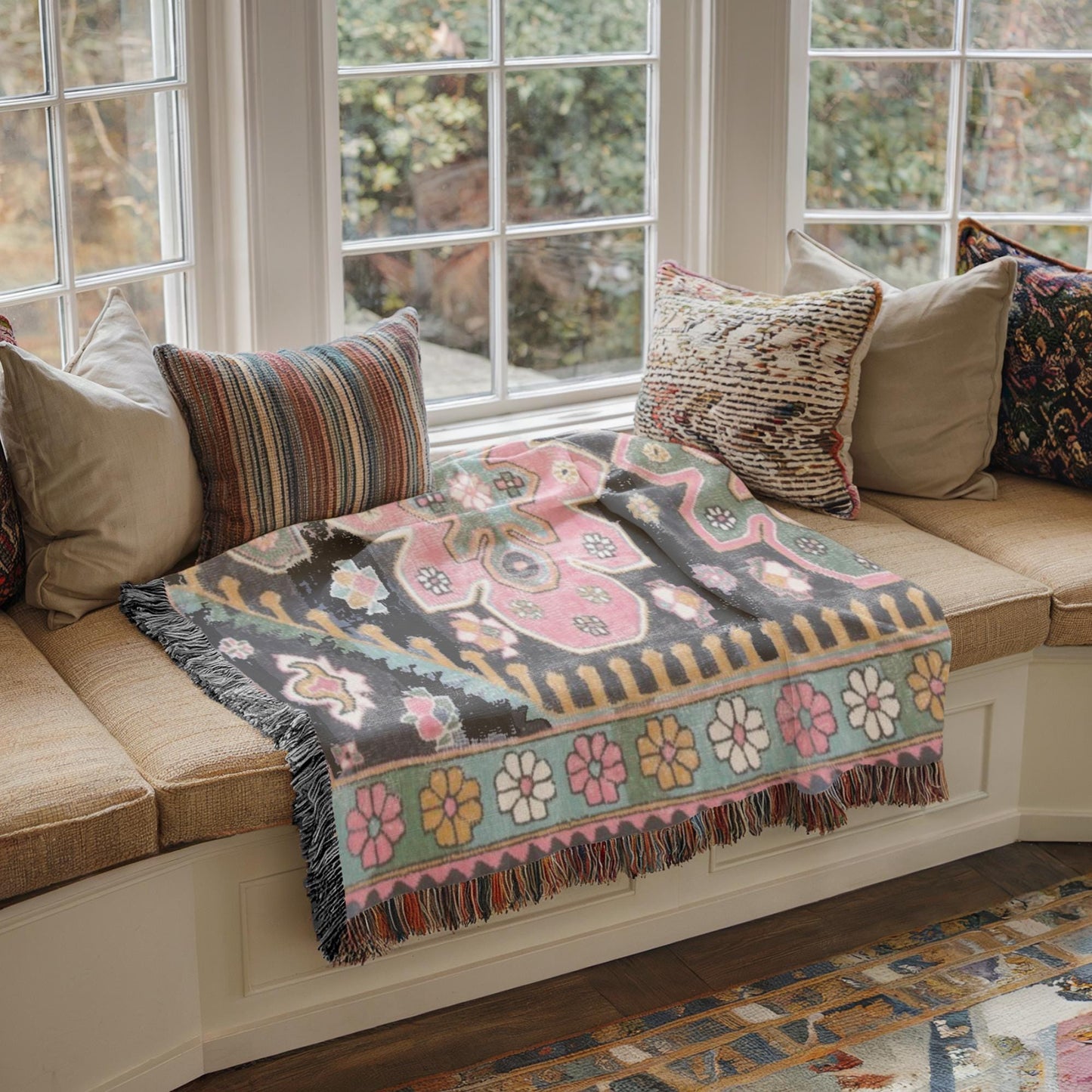 Caucasian Rug Inspired woven blanket with geometric pattern styled for layered home decor