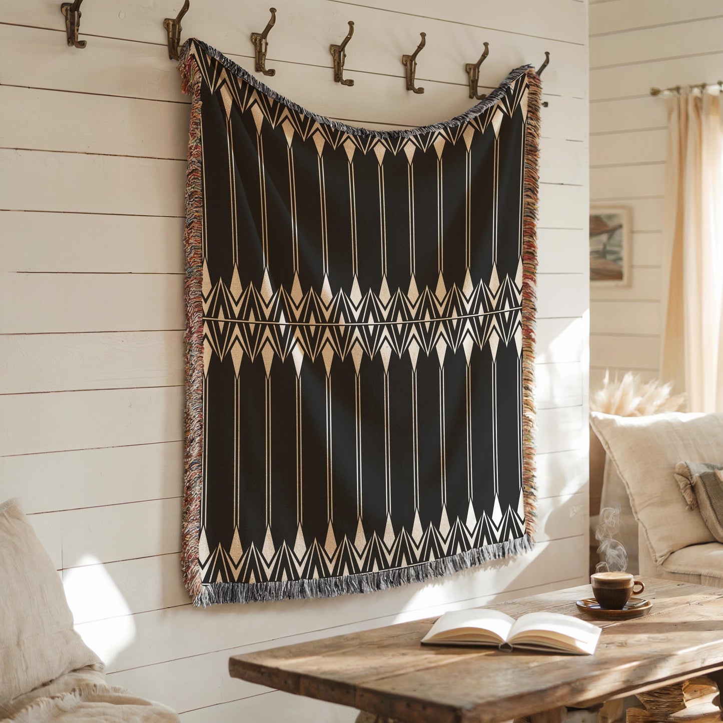 Black White Tapestry – Modern Wall Art Boho Hanging with Geometric Cotton Coverlet