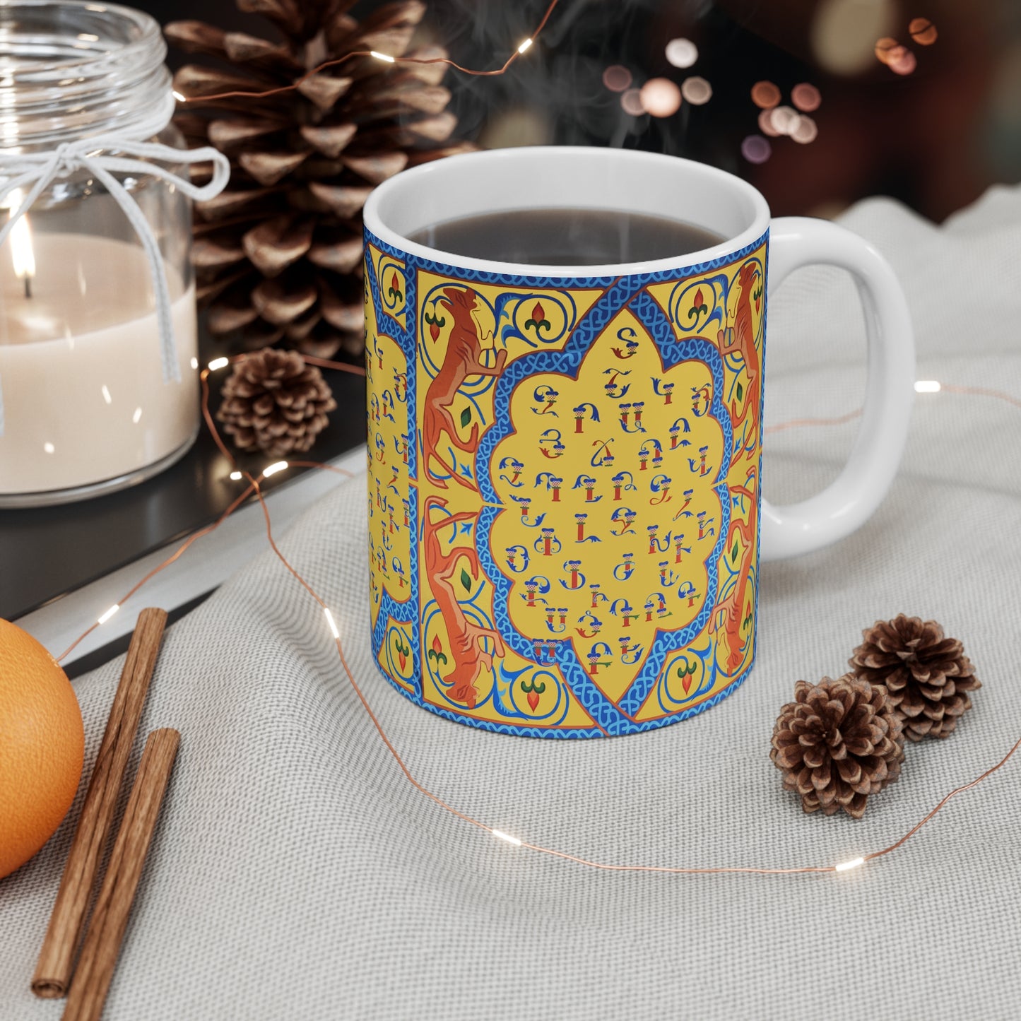Armenian Alphabet Ceramic Mug, Yellow and Blue Springtime