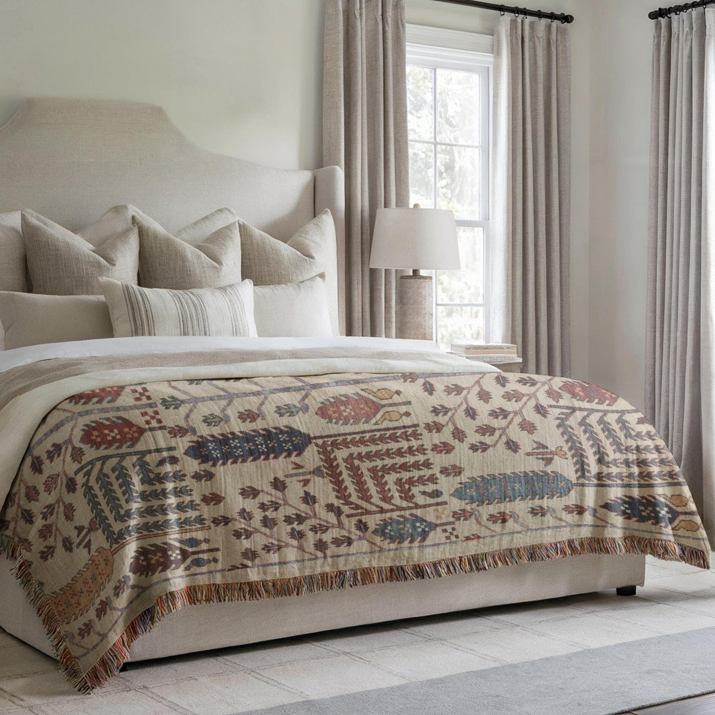 Anatolian Inspired woven blanket with rug-style pattern styled for layered home decor