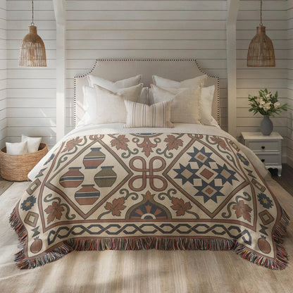 Rust and teal geometric throw spread over a bed between two rattan pendant lights