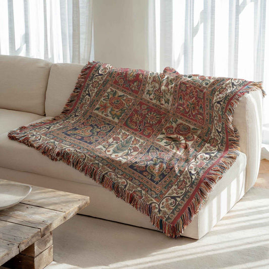 Anatolian Inspired woven blanket with floral pattern styled for layered home decor