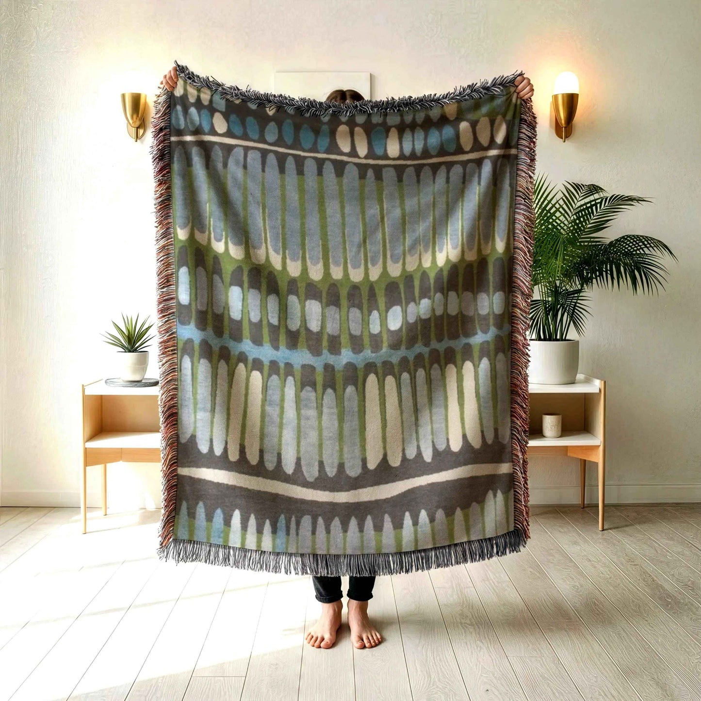 Modern Geometric woven blanket with geometric pattern styled for layered home decor