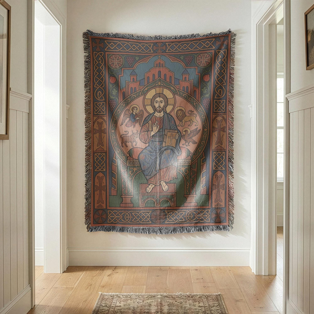 Christ Pantocrator tapestry at the end of a white hallway, fringed edges visible