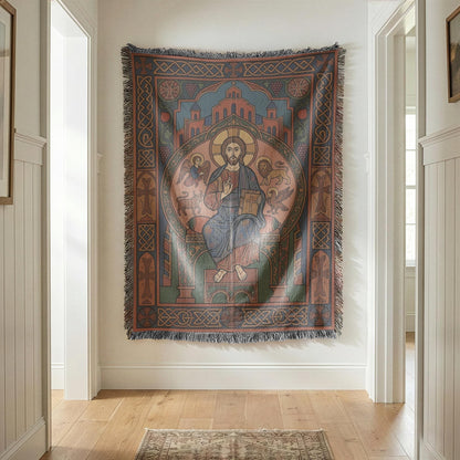 Christ Pantocrator tapestry at the end of a white hallway, fringed edges visible