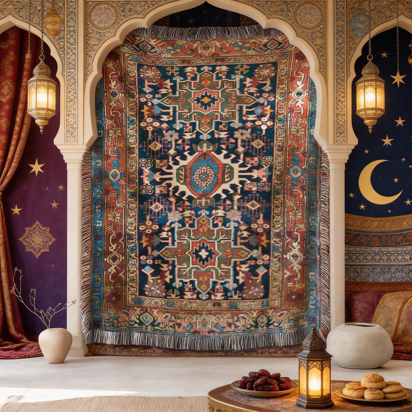Anatolian Inspired woven wall tapestry with rug-style pattern styled as textile wall decor