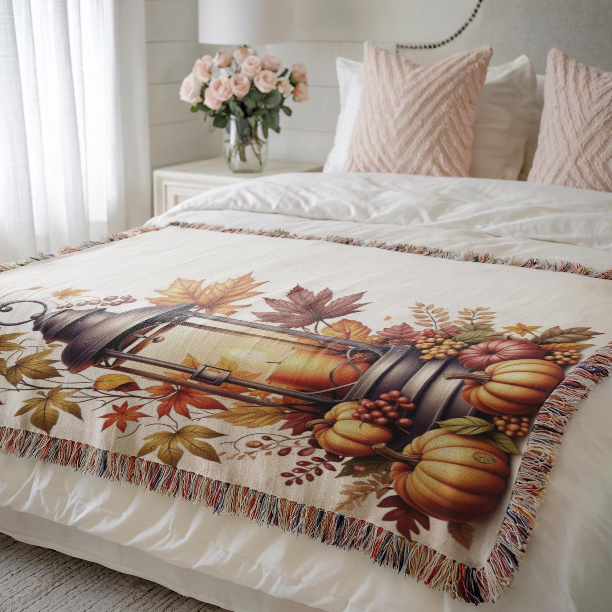 Fall Throw Blanket – Cozy Bedroom Throw with Pumpkin Decor & Lantern Autumn Design