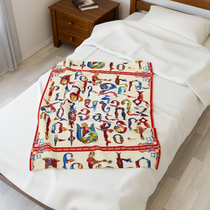 Armenian alphabet plush blanket with bird and animal letters on cream, patterned red border