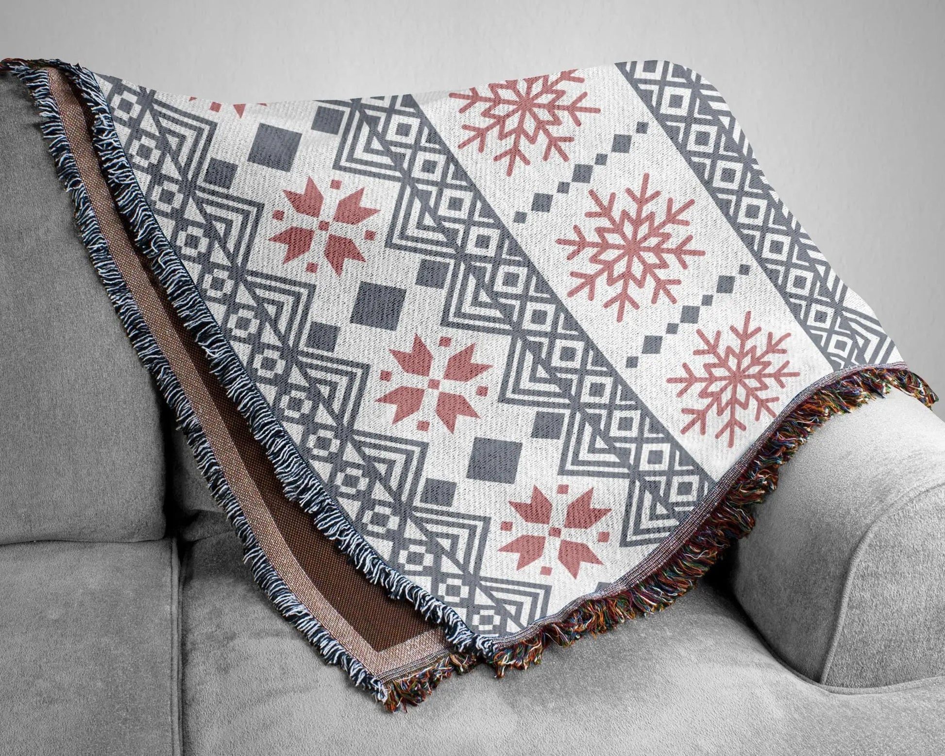 Scandi Woven Blanket – Cotton Throw Blanket with Snowflake Pattern, Cozy Winter Throw