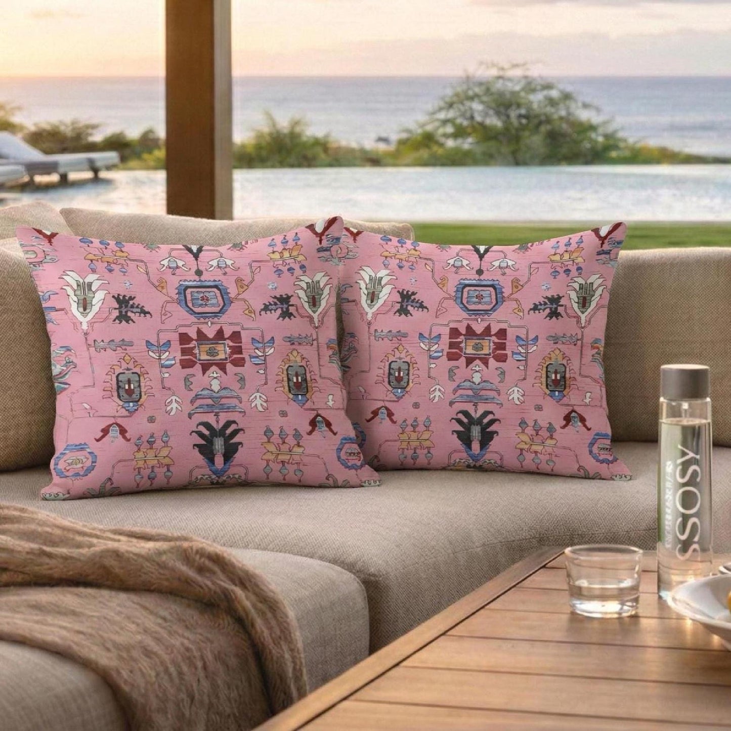 Anatolian Inspired pillow cover with rug-style pattern styled on a sofa or bed