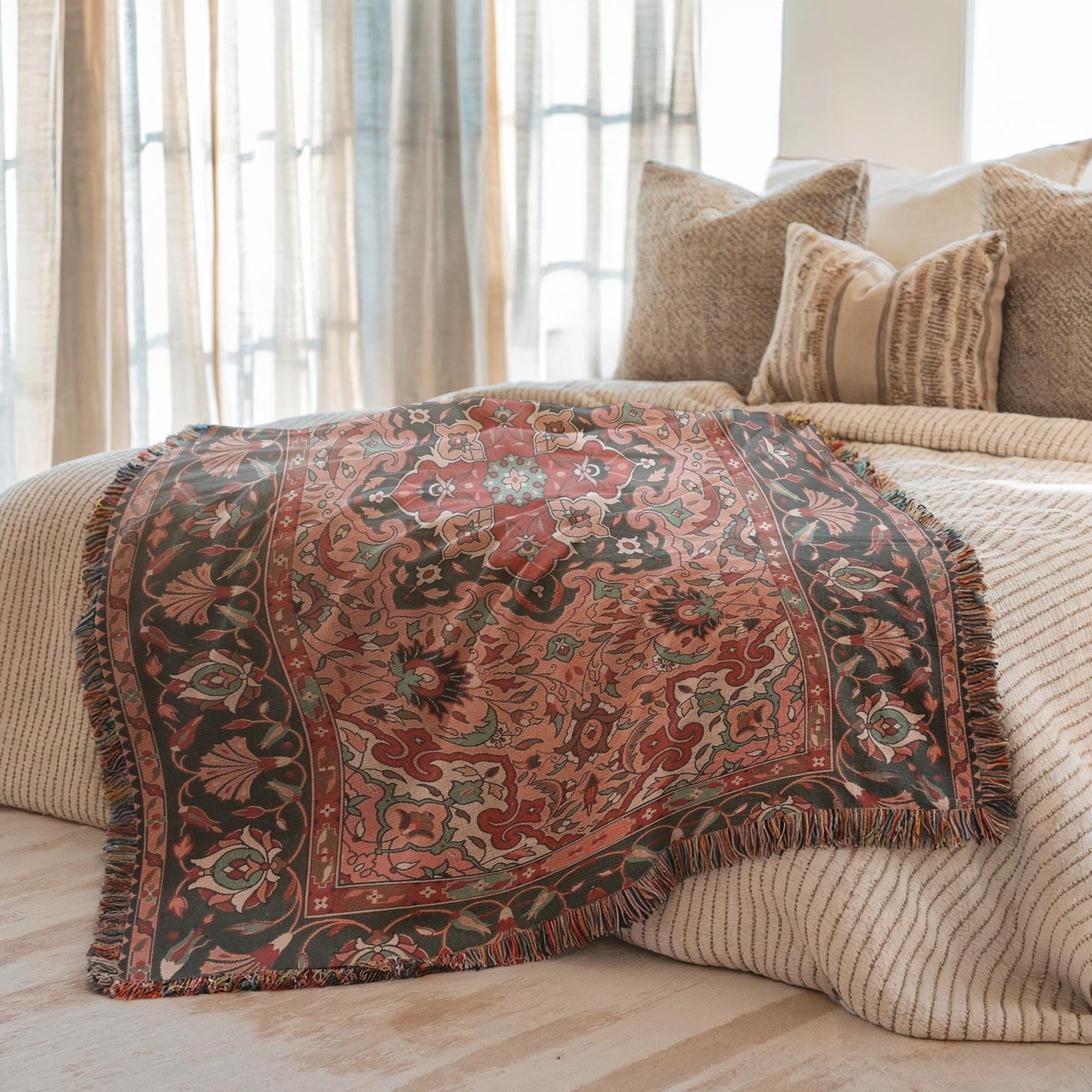 Anatolian Inspired woven blanket with rug-style pattern styled for layered home decor
