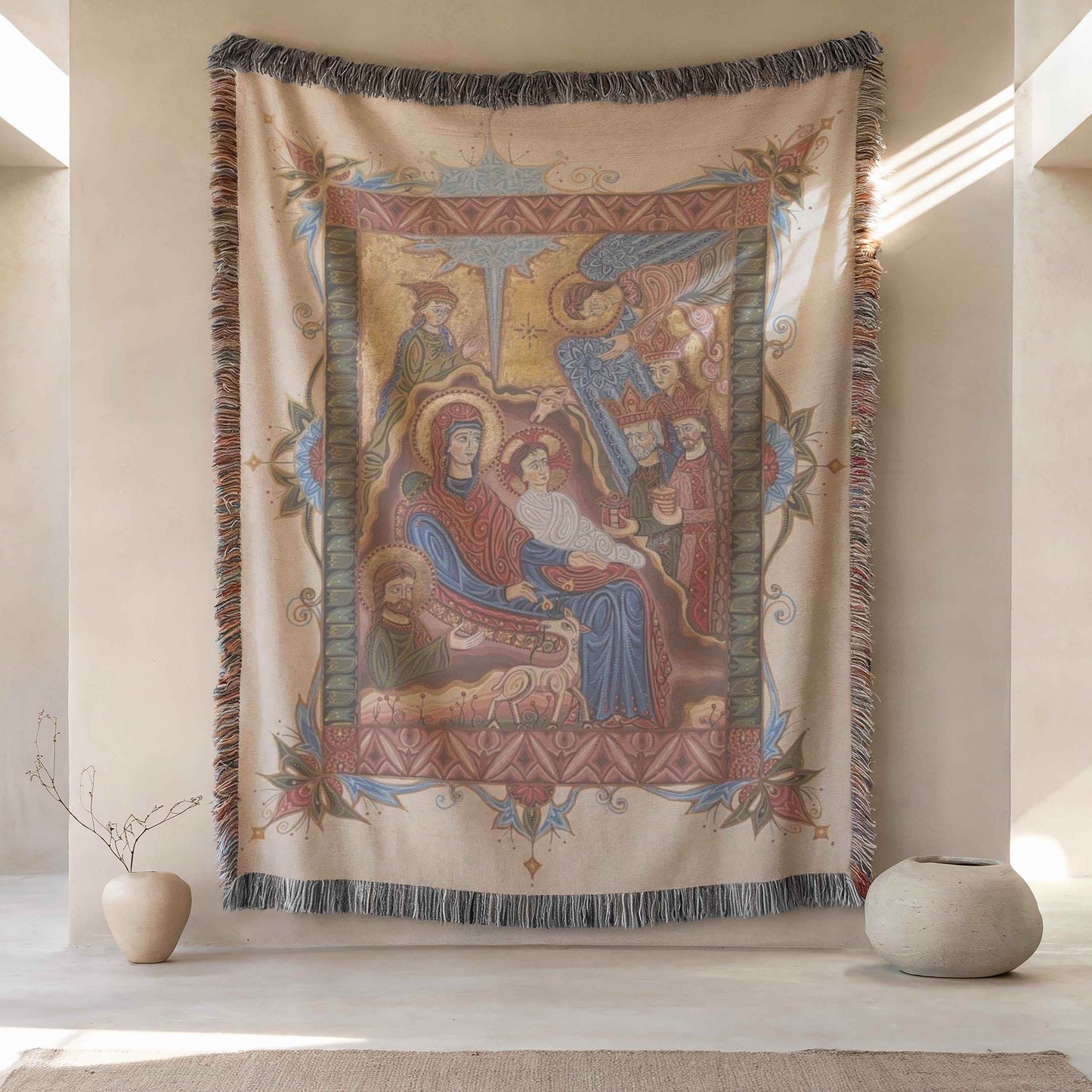 Armenian Tapestry Throw – Christmas Nativity Scene | Soft Cotton Blanket - timelessbohochic.com