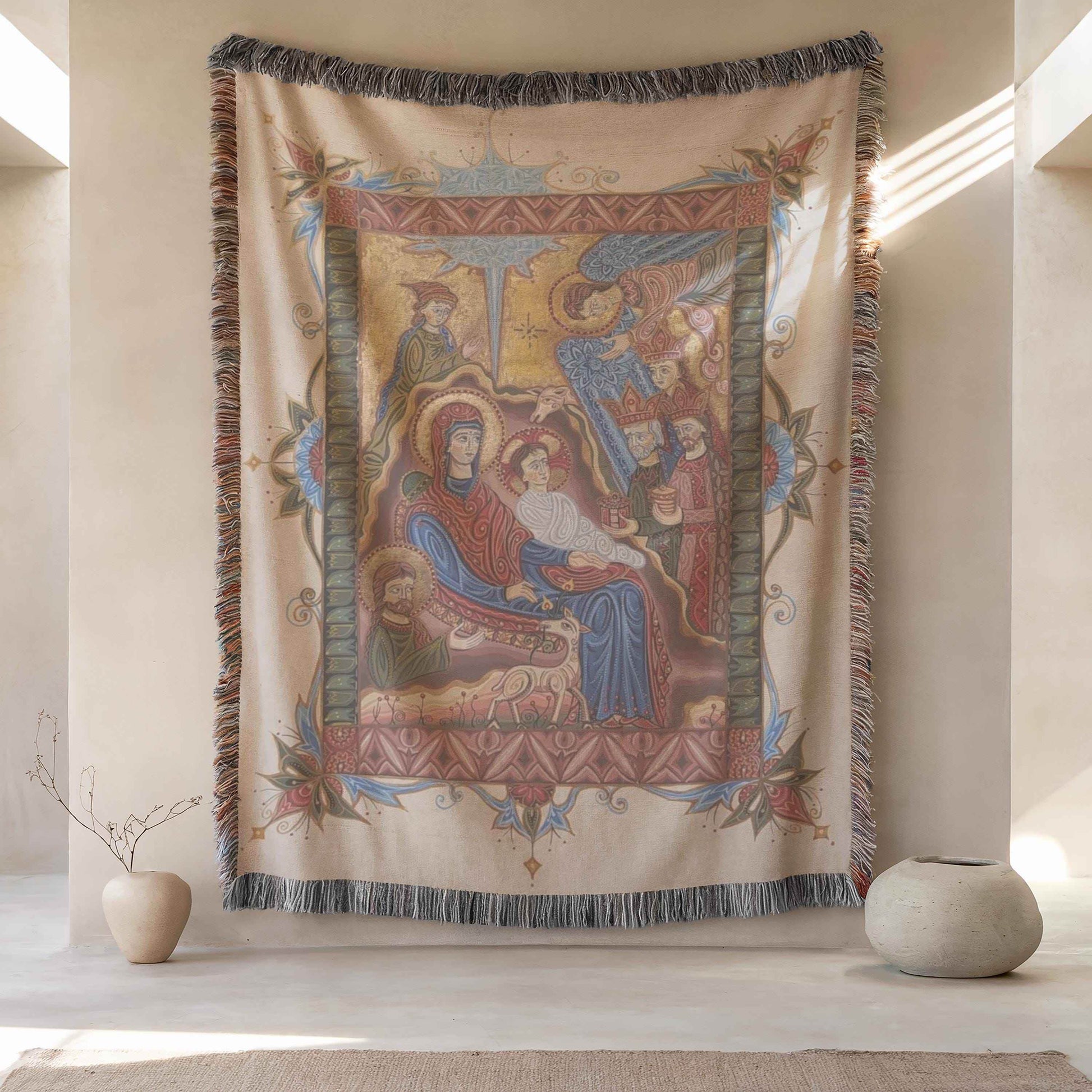 Armenian Tapestry Throw – Christmas Nativity Scene | Soft Cotton Blanket - timelessbohochic.com