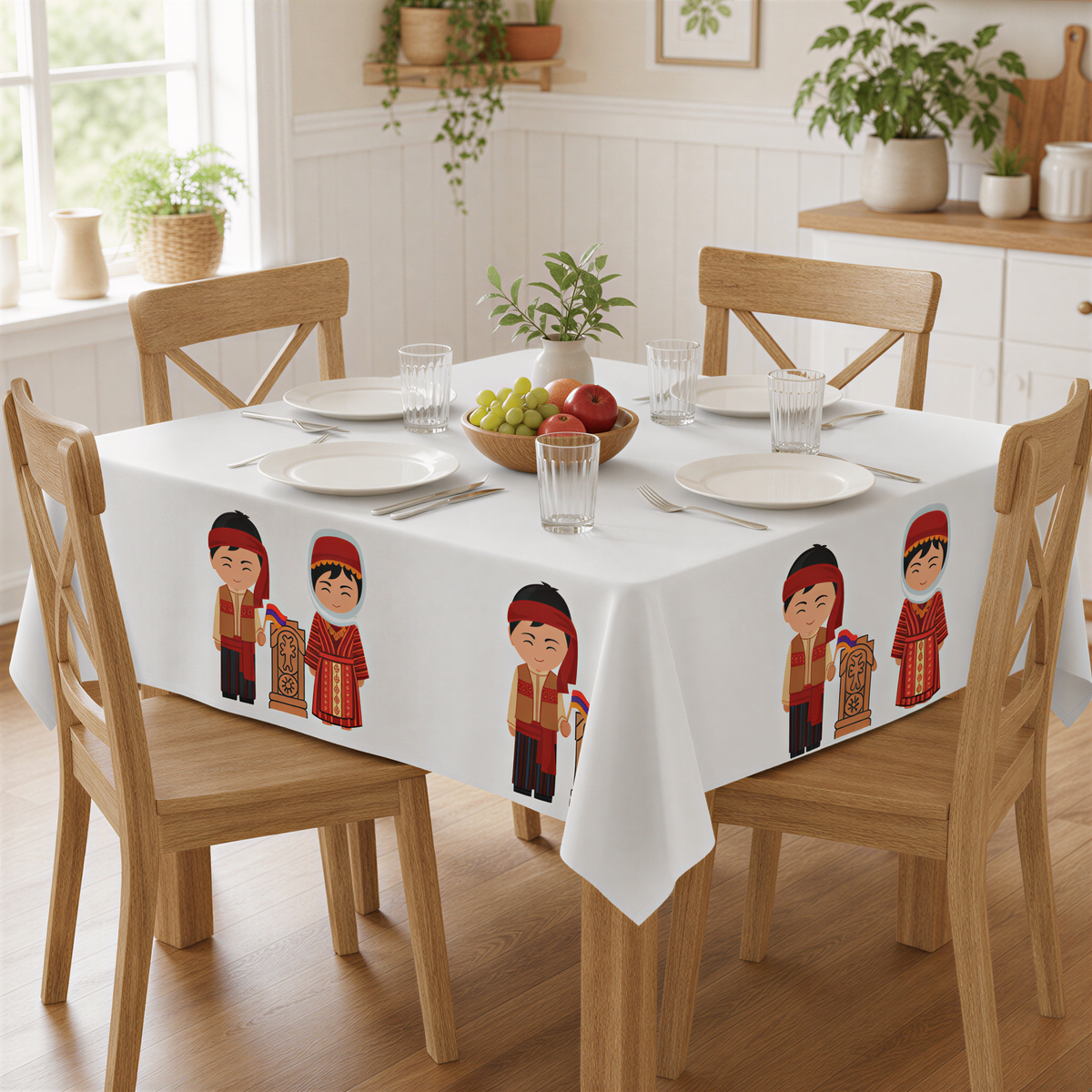 Armenian folk square tablecloth with figures in traditional dress, on a table with wooden chairs and plates