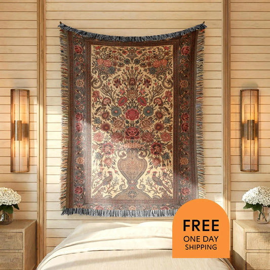Persian Vase Woven Wall - Cotton Throw Blanket With Colorful Fringed Edges