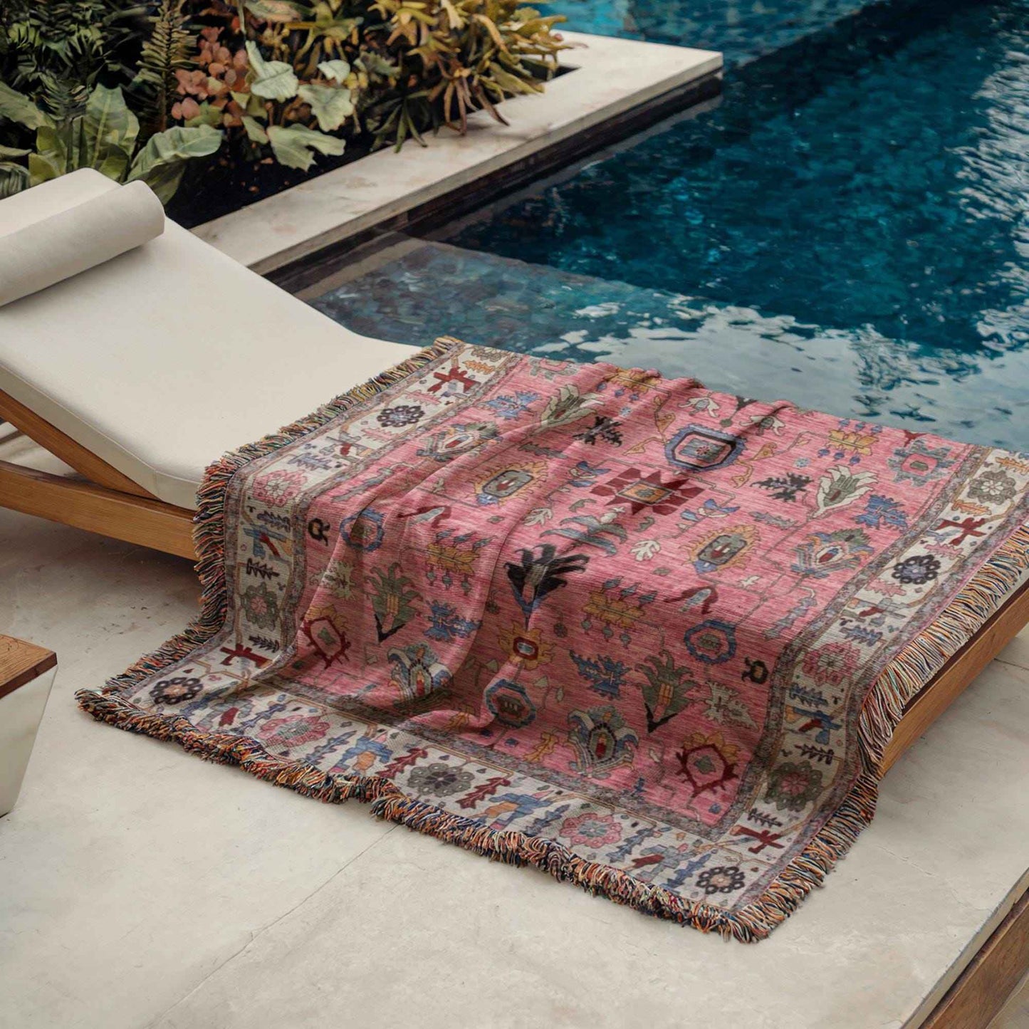 Anatolian Inspired outdoor woven throw blanket with rug-style pattern for patio styling