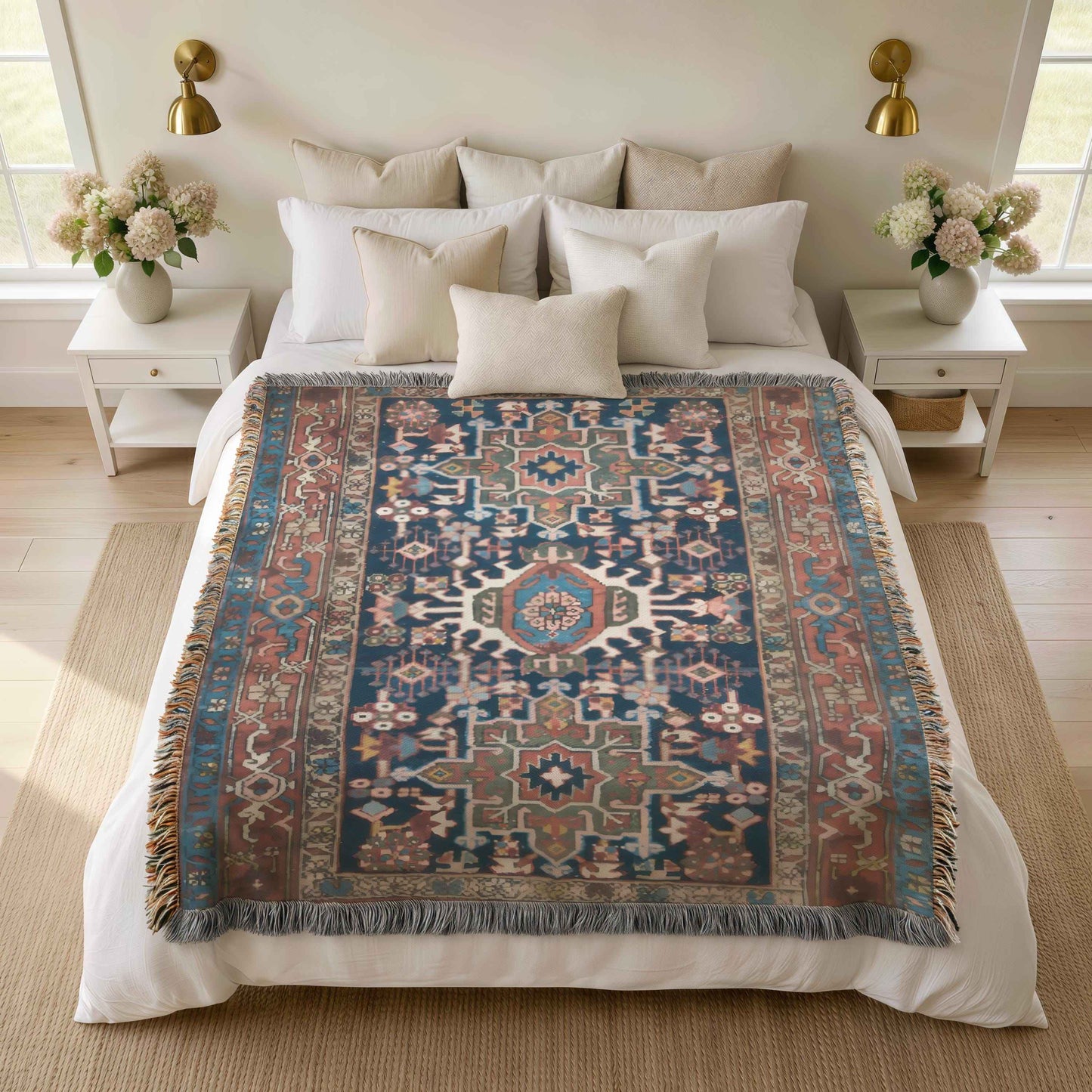 Anatolian Inspired woven blanket with rug-style pattern styled for layered home decor