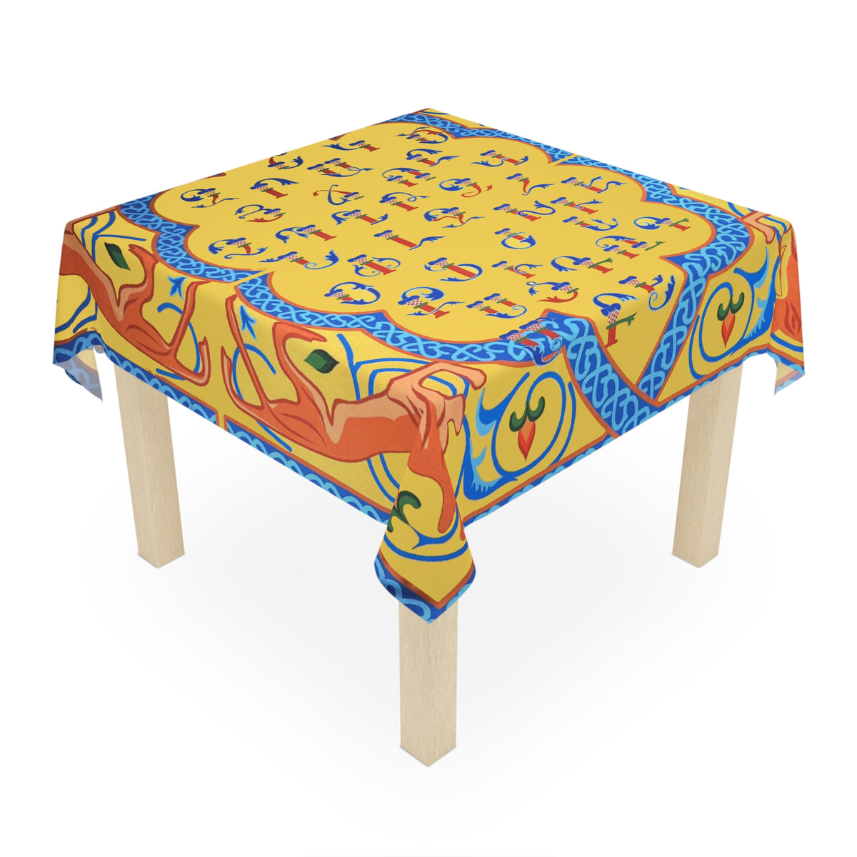 Yellow Armenian alphabet tablecloth on a rectangular table with wooden chairs and house plants
