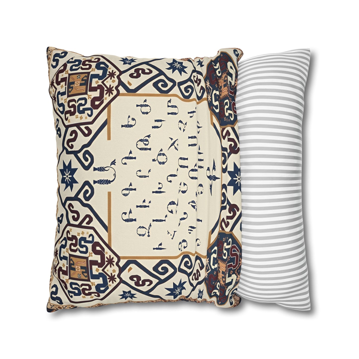 Armenian Alphabet Pillow Cover – Blue & Brown on Cream