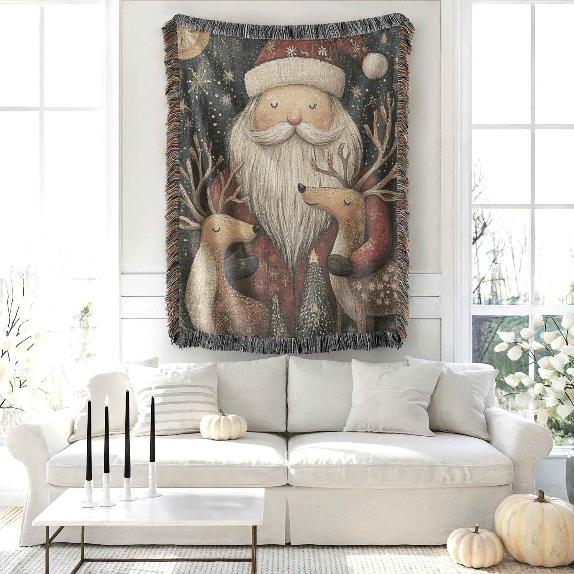 Christmas Woven Blanket – Cozy Cotton Throw with Santa Claus Reindeer Design - timelessbohochic.com