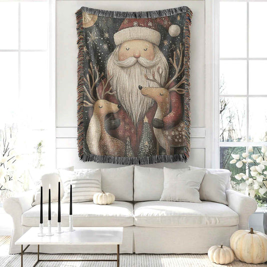 Christmas Woven Blanket – Cozy Cotton Throw with Santa Claus Reindeer Design - timelessbohochic.com