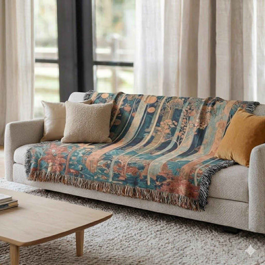Modern Geometric woven blanket with geometric pattern styled for layered home decor
