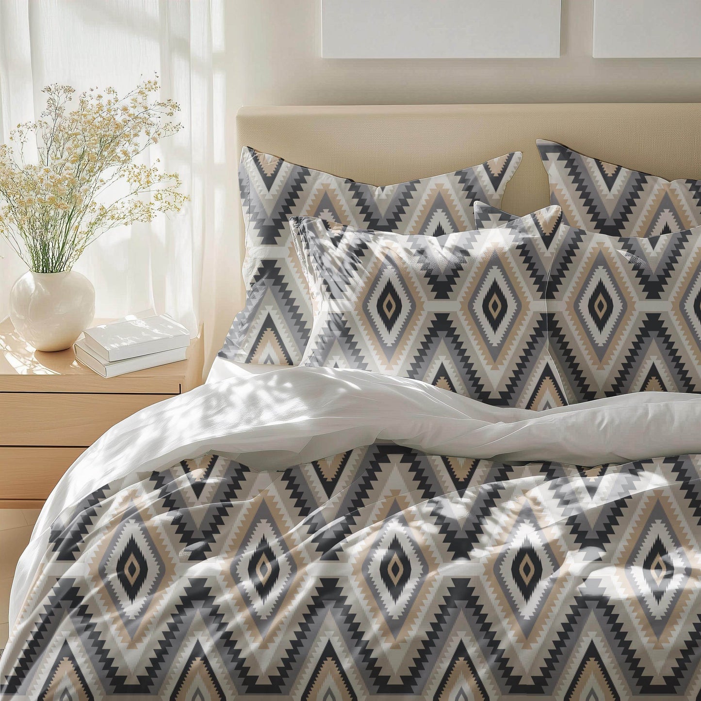 Navajo Bedding Set - Geometric Zippered Duvet Cover & Soft Polyester 3-Piece Bedding - timelessbohochic.com