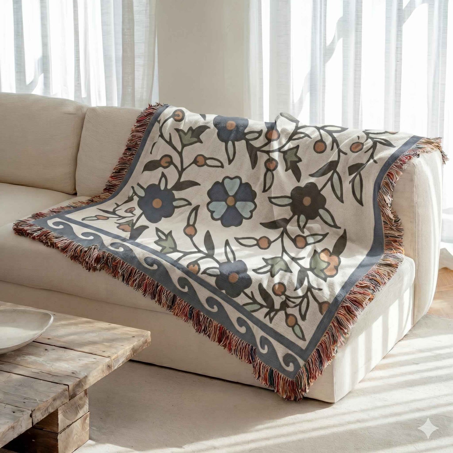 Anatolian Inspired woven blanket with rug-style pattern styled for layered home decor