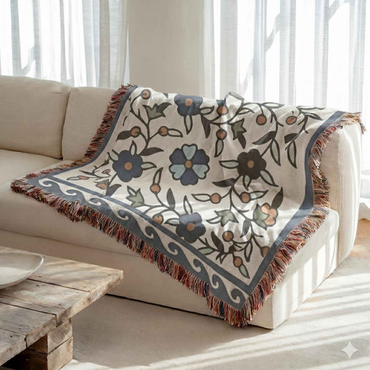 Anatolian Inspired woven blanket with rug-style pattern styled for layered home decor