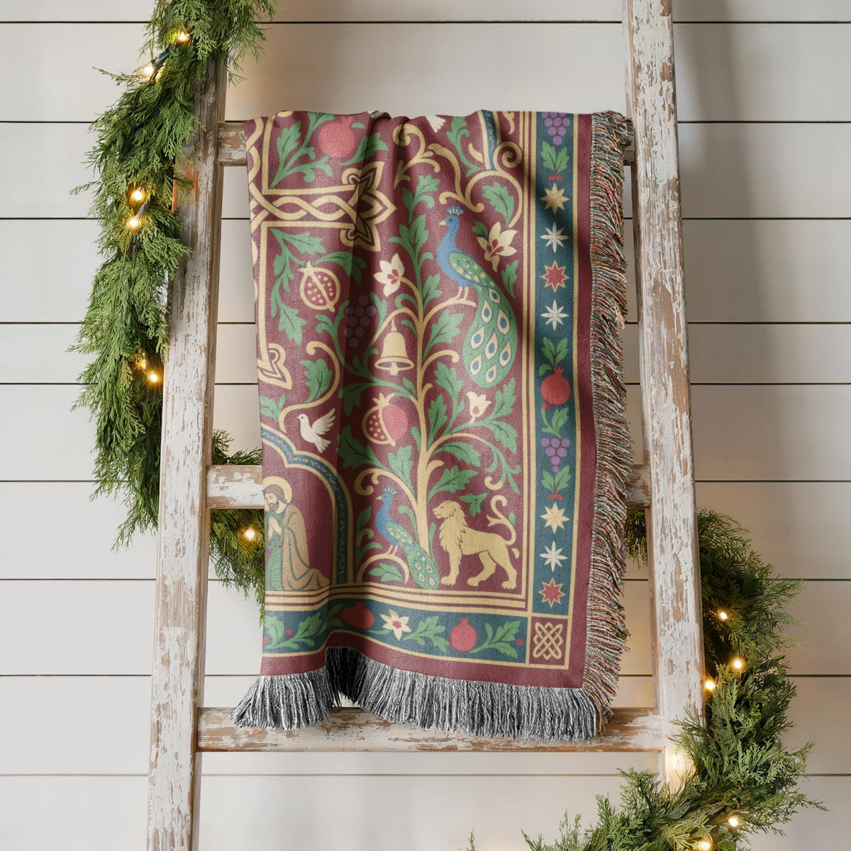 Armenian cross and Nativity Christmas woven cotton throw shown in a styled room setting