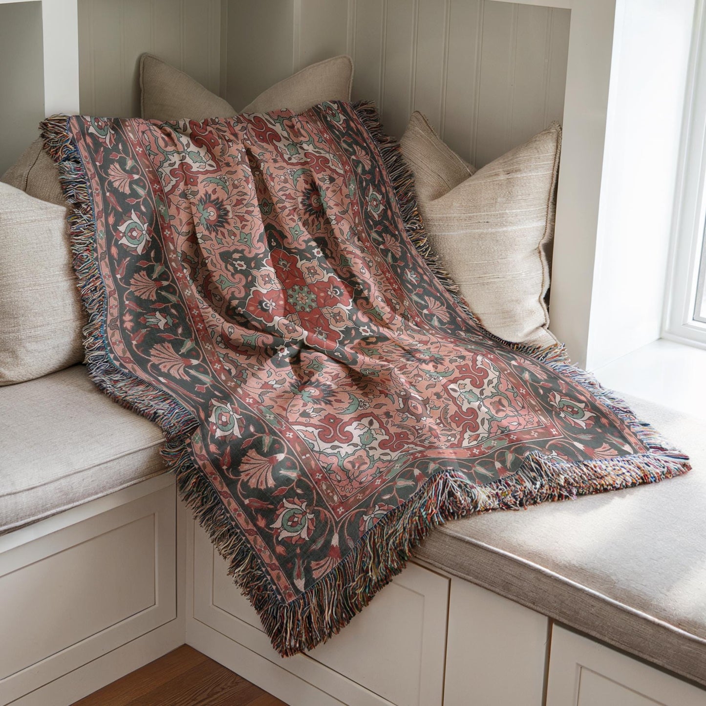 Anatolian Inspired woven blanket with rug-style pattern styled for layered home decor