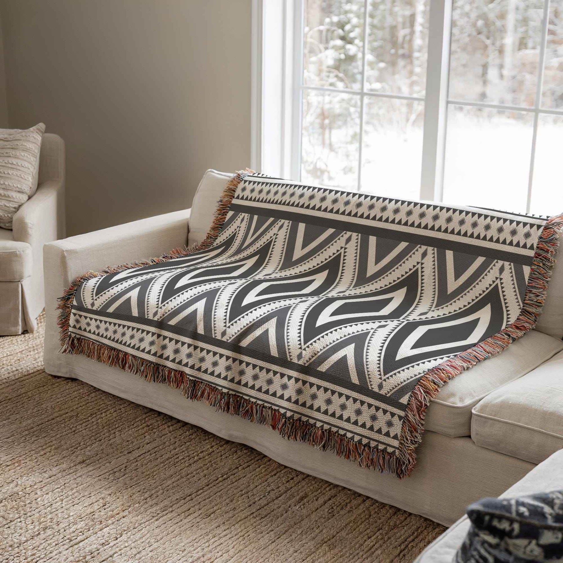 Navajo Cotton Throw Blanket - Geometric Design with Fringed Edge for Rustic Boho Decor - timelessbohochic.com
