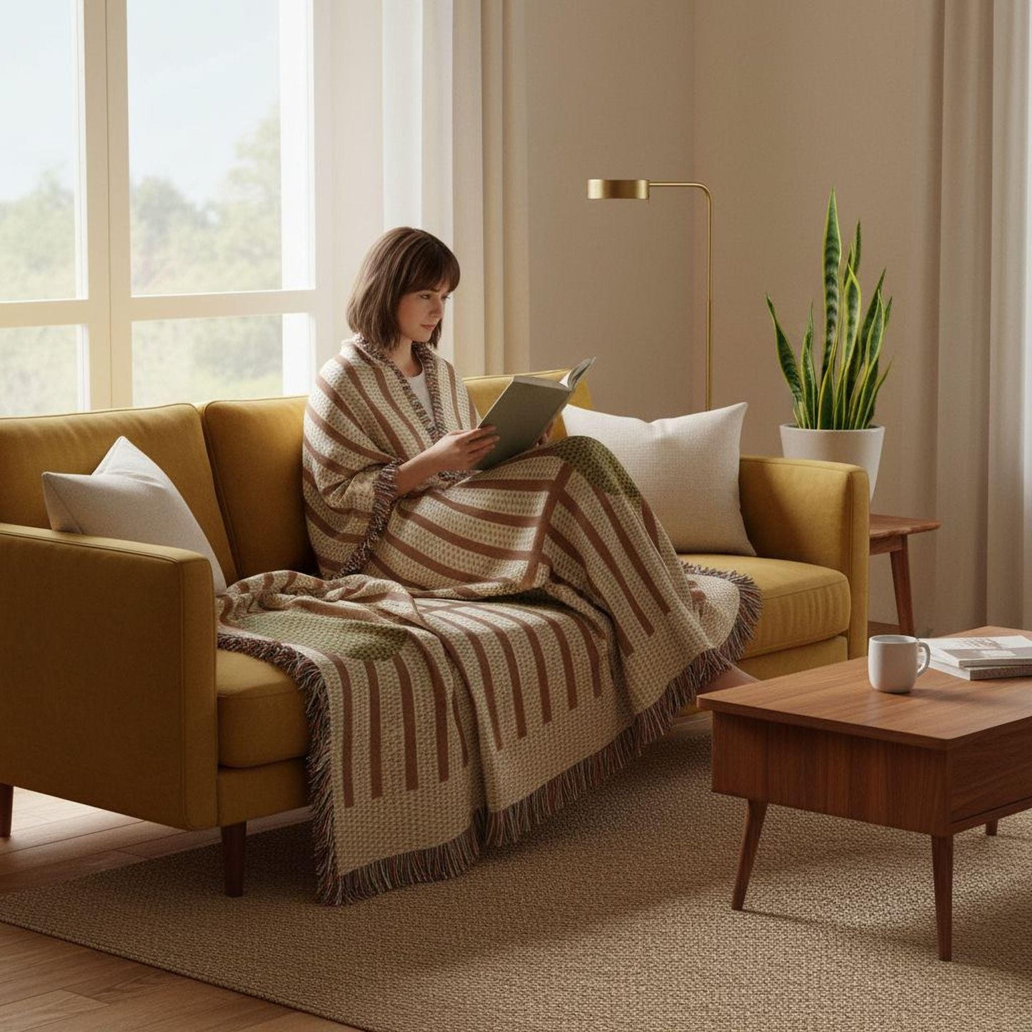 Modern Geometric woven blanket with geometric pattern styled for layered home decor