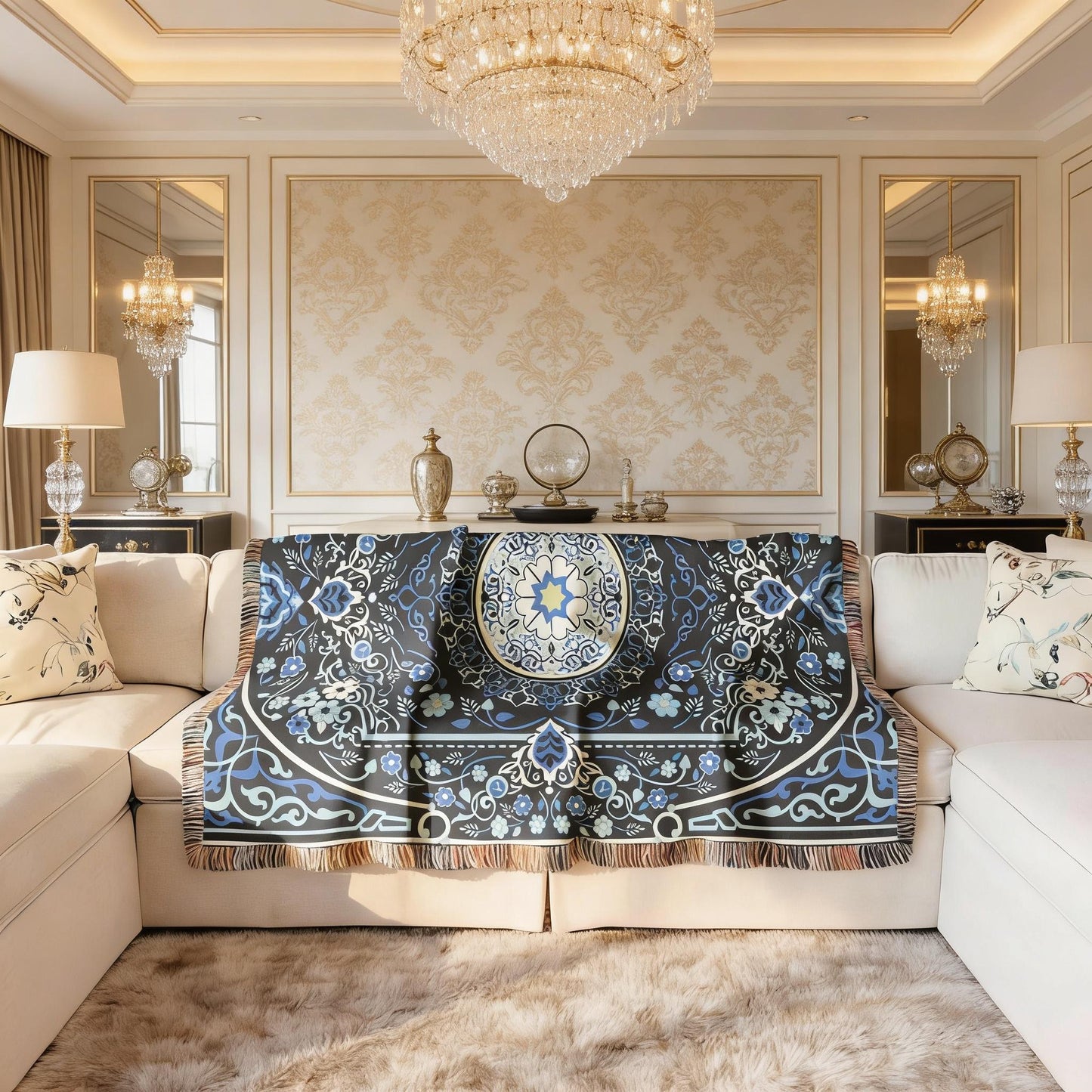 Anatolian Inspired woven blanket with rug-style pattern styled for layered home decor