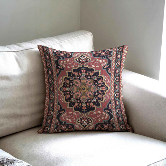 Anatolian Inspired pillow cover with rug-style pattern styled on a sofa or bed