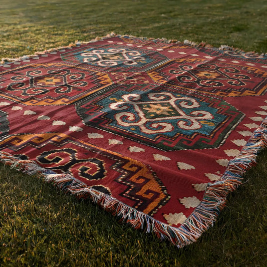 Woven Blanket - Turkish Throw With Anatolian Pattern & Colorful Fringed Edges