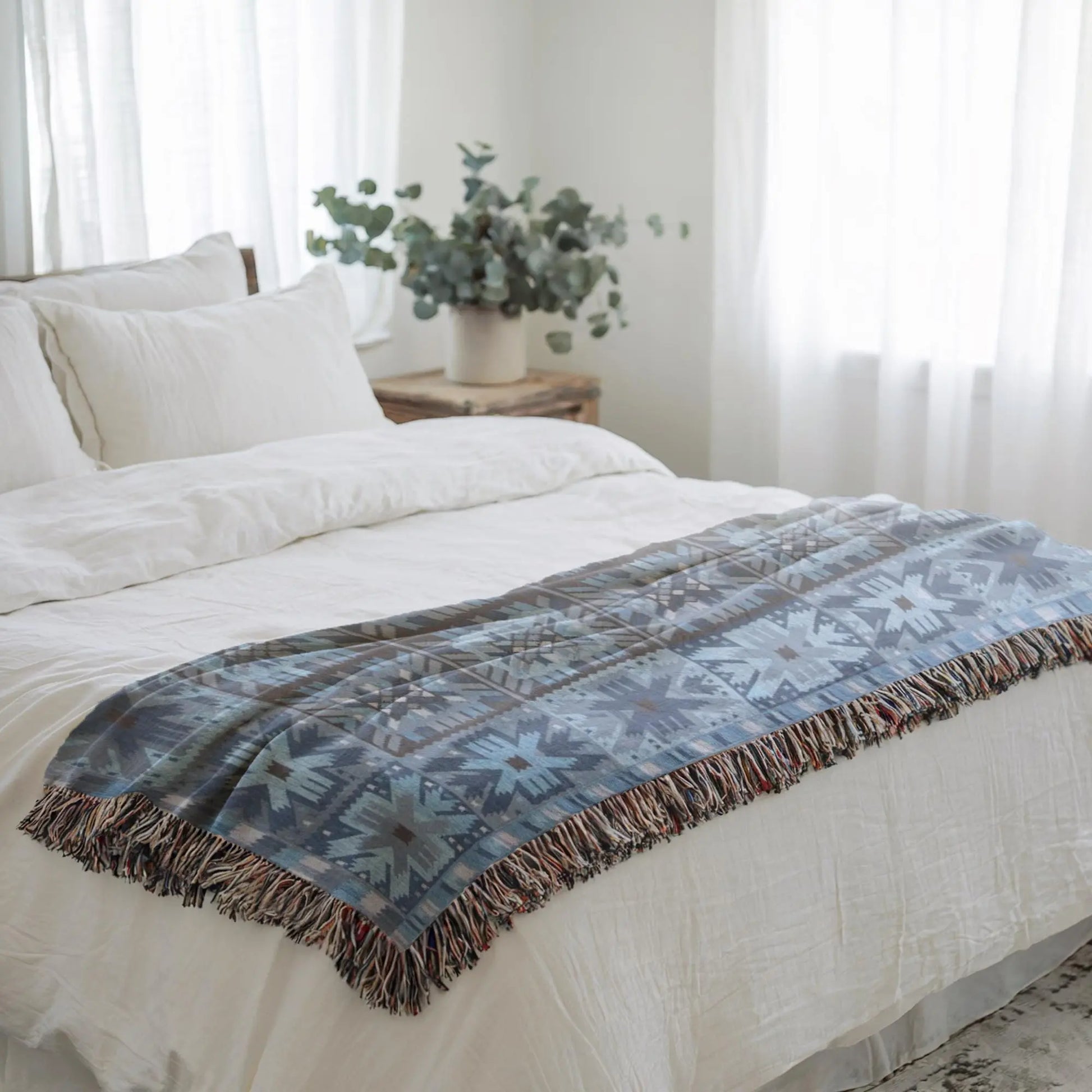 Scandi Woven Blanket – Cozy Bed Throw With Fringed Edge, Nordic Bedding Decor