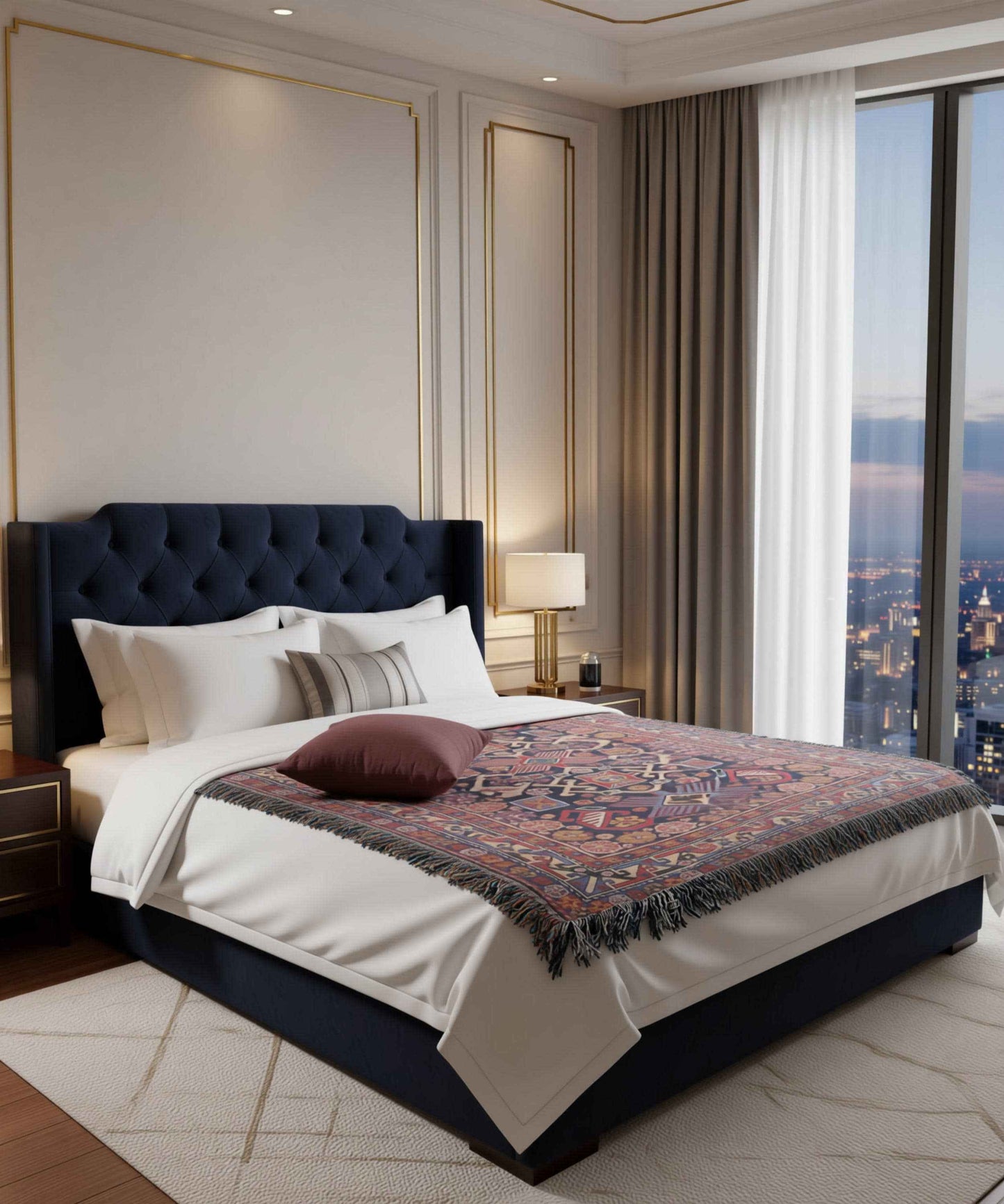 Anatolian Inspired woven blanket with rug-style pattern styled for layered home decor