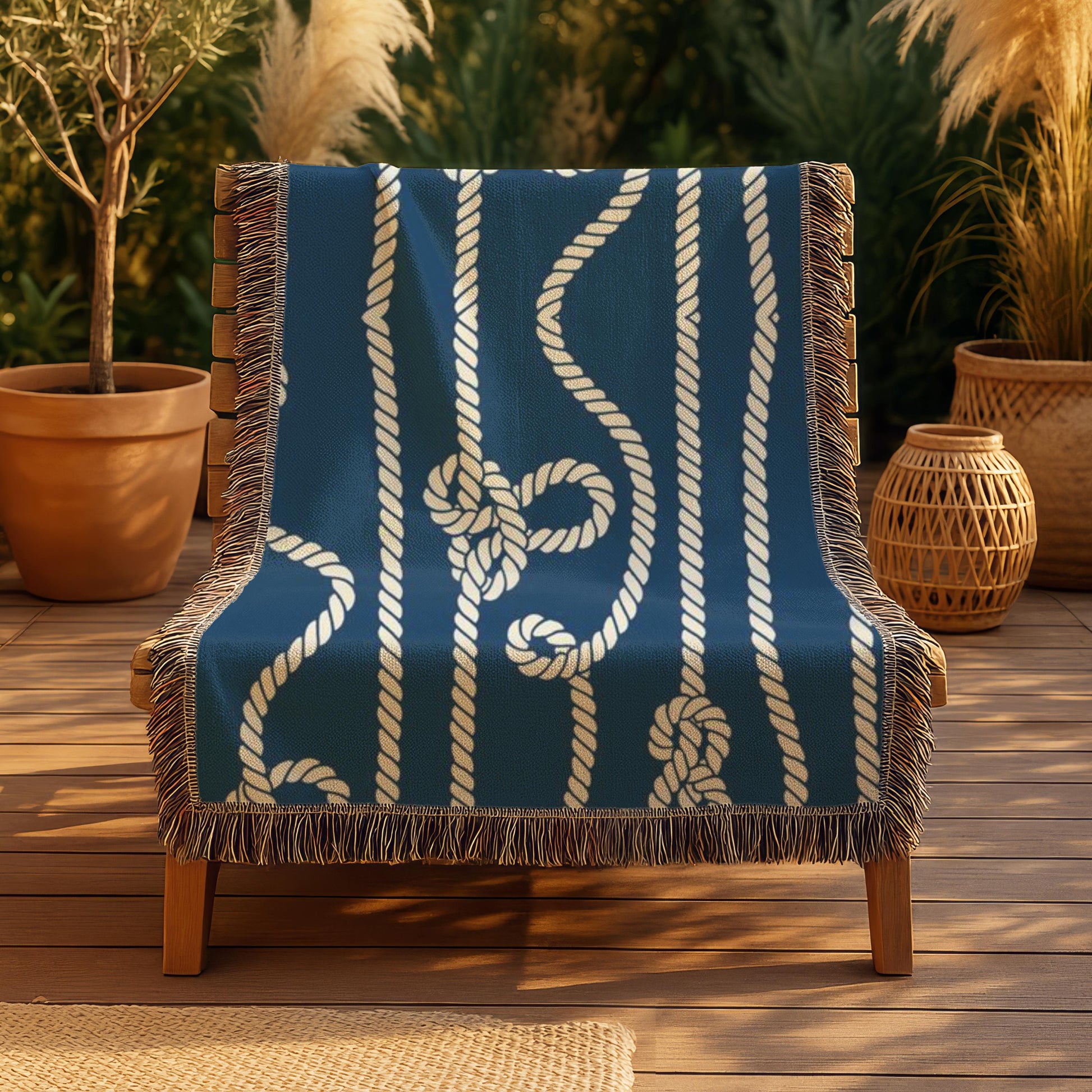 Marine Woven Blanket – Nautical Cord Throw With Colorful Fringed Edges